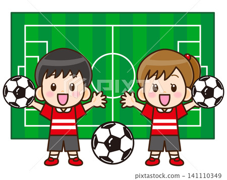 Illustration of a soccer ball, a field, and a child Illustration of a soccer ball, a field, and a child 141110349
