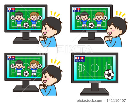 A set of illustrations of a boy watching a soccer match on TV. 141110407
