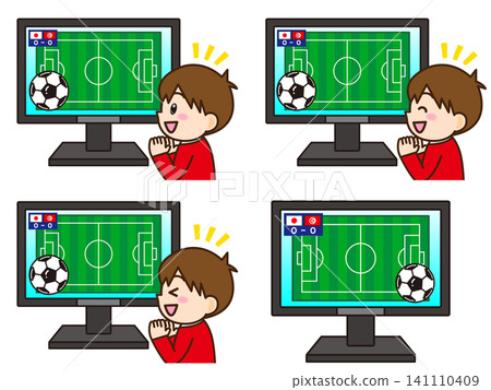 Illustration set 3 of a boy watching a soccer match on TV Illustration set 3 of a boy watching a soccer match on TV 141110409