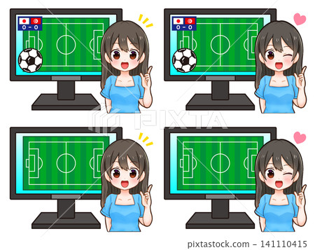 A set of illustrations of a woman commentating on a soccer match. 141110415