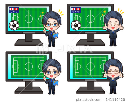 A set of illustrations of a man commentating on a soccer match. A set of illustrations of a man commentating on a soccer match. 141110420