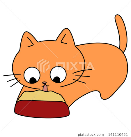 Orange cat sits beside red bowl Orange cat sits beside red bowl 141110431
