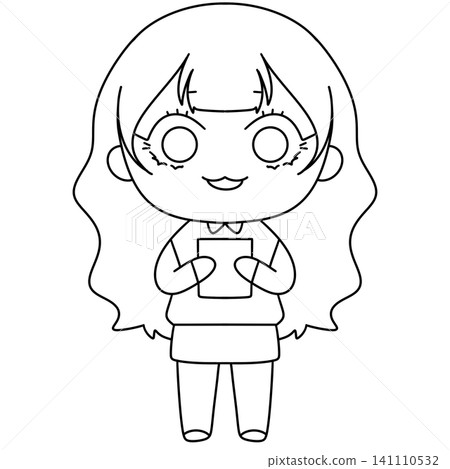 Cute girl holds tablet with gentle smile Cute girl holds tablet with gentle smile 141110532