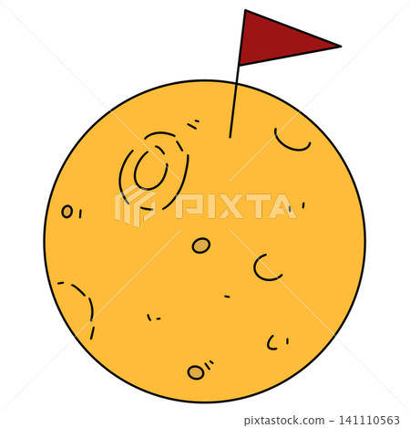 Bright yellow planet with simple craters and a red flag 141110563