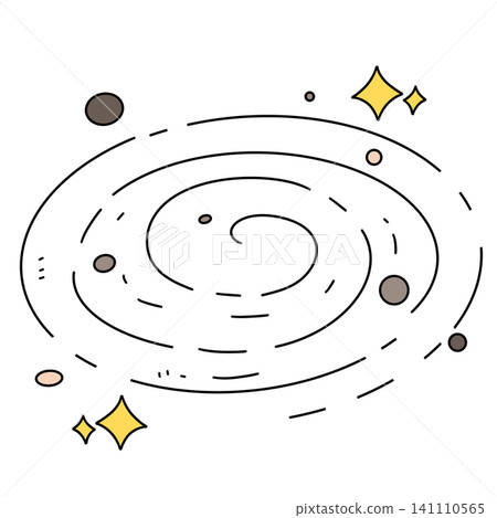 Stylized galaxy swirls with planets and stars 141110565