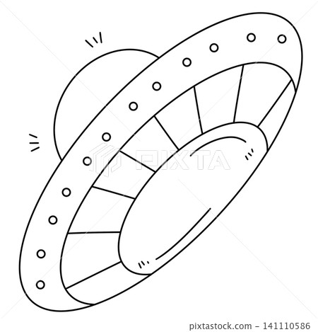 Simple cartoon UFO hovers above planet 141110586