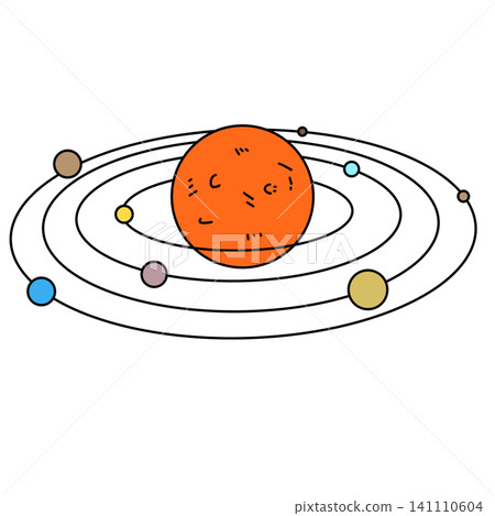 Simplified solar system with colorful planets orbiting a red sun Simplified solar system with colorful planets orbiting a red sun 141110604
