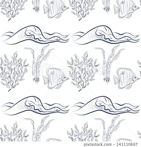 Seamless vector pattern with hand-drawn sea fish, waves and seaweed 141110687