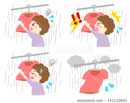 A set of 5 illustrations of a housewife hanging laundry. A set of 5 illustrations of a housewife hanging laundry. 141110693
