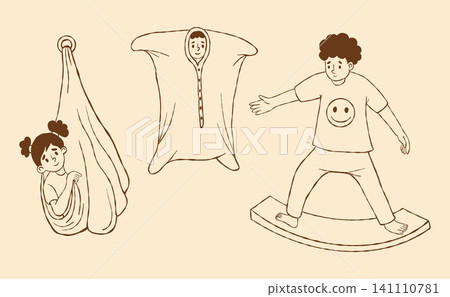 Autism Sensory Integration Therapy Kids Set. Children Special Education Active Play. Line Art. ASD Development Exercise Collection, Swing Hammock Body Sock Rocker. Isolated Vector Illustration. 141110781