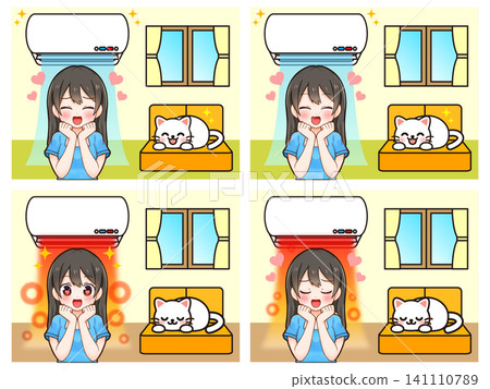 A set of illustrations of a woman in a room cooled by air conditioning. A set of illustrations of a woman in a room cooled by air conditioning. 141110789