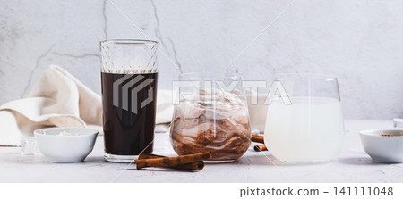 Yogurt coffee boy trendy youth drink in a glass on the table web banner Yogurt coffee boy trendy youth drink in a glass on the table web banner 141111048