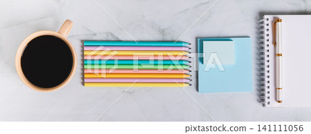 Colorful desk with stationery in trinket design style top view web banner Colorful desk with stationery in trinket design style top view web banner 141111056