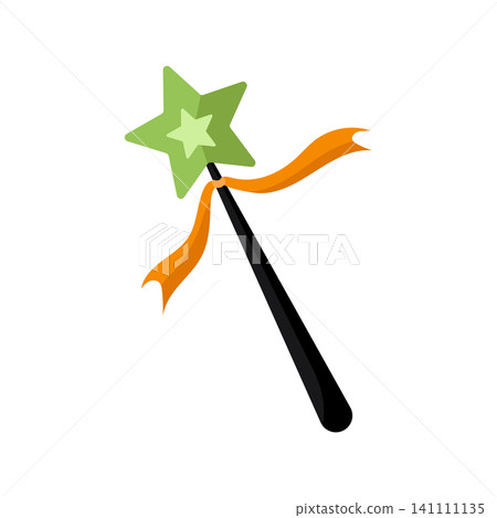 Magic wand with green star and orange ribbon vector illustration Halloween wizard element Magic wand with green star and orange ribbon vector illustration Halloween wizard element 141111135