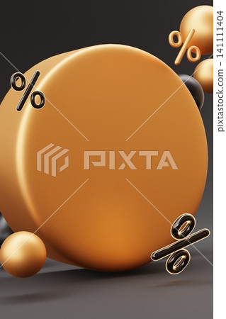3D render shows circles and spheres in gold and black. Percent signs are placed around the shapes. The setting has a soft light that highlights the design 3D render shows circles and spheres in gold and black. Percent signs are placed around the shapes. The setting has a soft light that highlights the design 141111404