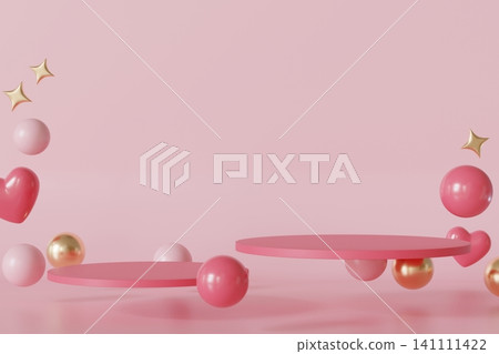 Podiums hold various products for Valentine's Day in a design studio. Brightly colored spheres and hearts surround them. The background is a solid pink color, creating a festive atmosphere Podiums hold various products for Valentine's Day in a design studio. Brightly colored spheres and hearts surround them. The background is a solid pink color, creating a festive atmosphere 141111422