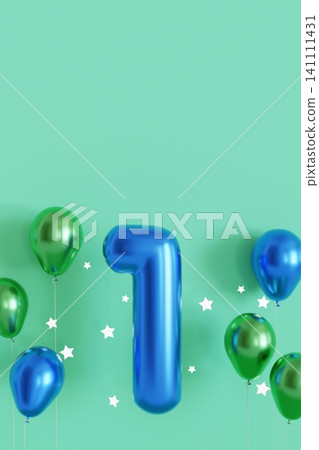 A birthday celebration is taking place with a blue number one displayed prominently. Green balloons surround the number on a plain background. The mood is festive and cheerful. Copy space. A birthday celebration is taking place with a blue number one displayed prominently. Green balloons surround the number on a plain background. The mood is festive and cheerful. Copy space. 141111431