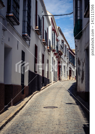 Traditional white-washed narrow streets and historical Andalusian architecture in Carmona Traditional white-washed narrow streets and historical Andalusian architecture in Carmona 141111566