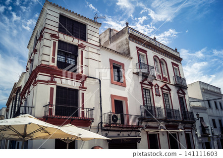 Traditional white-washed narrow streets and historical Andalusian architecture in Carmona 141111603