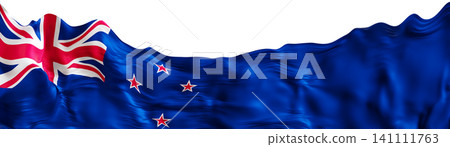 The flag of New Zealand features blue, red, and white colors with stars. This design is presented on a clear background. It appears as a 3D render showing details of the flag The flag of New Zealand features blue, red, and white colors with stars. This design is presented on a clear background. It appears as a 3D render showing details of the flag 141111763