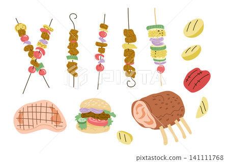Colorful illustration of assorted grilled meats and vegetables including skewers, burgers, and ribs, arranged on a white background for culinary design and food presentation Colorful illustration of assorted grilled meats and vegetables including skewers, burgers, and ribs, arranged on a white background for culinary design and food presentation 141111768