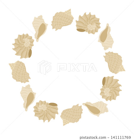 Circular arrangement of various seashells in beige tones on a white background, ideal for decorative or design purposes in marine-themed projects Circular arrangement of various seashells in beige tones on a white background, ideal for decorative or design purposes in marine-themed projects 141111769