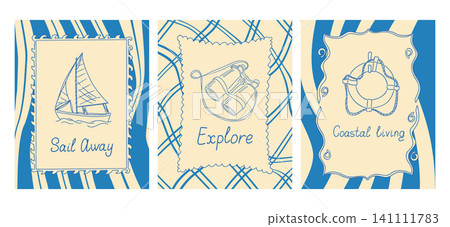 Nautical-themed illustration set featuring a sailboat, binoculars, and a life preserver with decorative borders and coastal living text elements in blue and cream colors 141111783