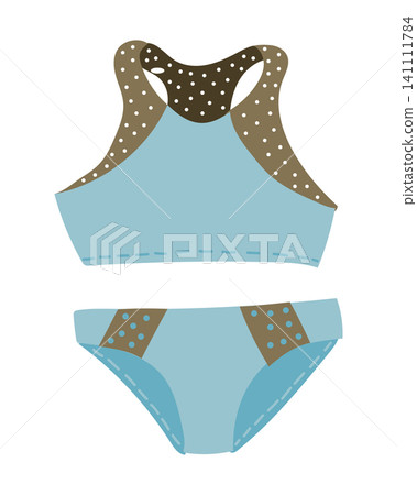 Illustration of a blue bikini with brown polka dots, including a sporty top and matching bottom, suitable for summer fashion and swimwear designs Illustration of a blue bikini with brown polka dots, including a sporty top and matching bottom, suitable for summer fashion and swimwear designs 141111784