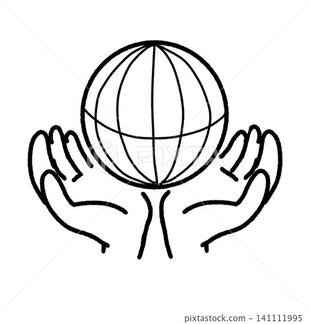 A graphic recording-style line drawing illustration of the Earth being held up by hands | Environment/World A graphic recording-style line drawing illustration of the Earth being held up by hands | Environment/World 141111995