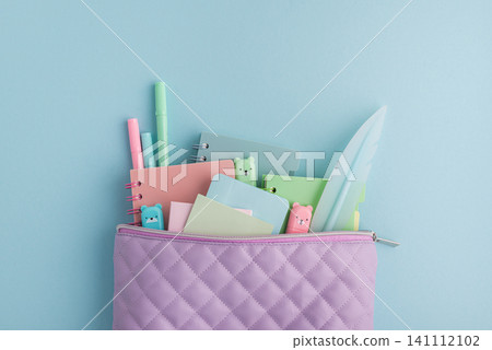 Pastel school supplies in quilted pencil case for education Pastel school supplies in quilted pencil case for education 141112102