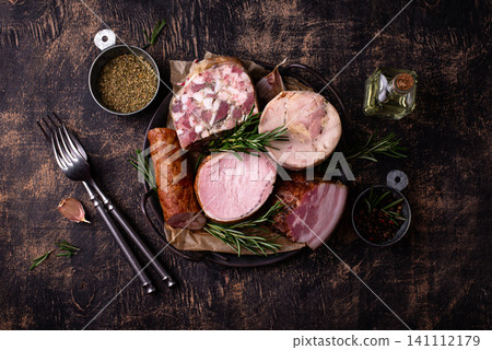 Different meat, sausages, ham and smoked pork Different meat, sausages, ham and smoked pork 141112179