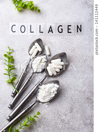 Collagen powder and pills. Healthy supplement Collagen powder and pills. Healthy supplement 141112449