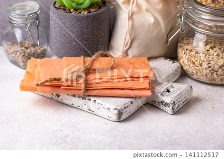 Beeswax wrap. Reusable plastic free concept Beeswax wrap. Reusable plastic free concept 141112517