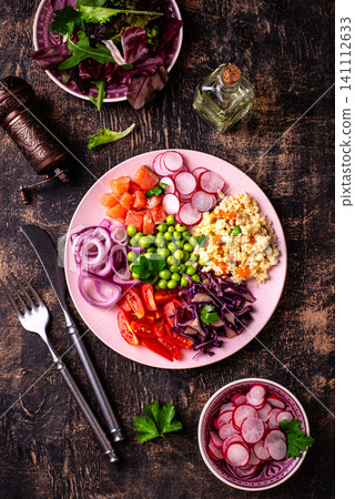 Balanced healthy bowl with vegetables and salmon Balanced healthy bowl with vegetables and salmon 141112633
