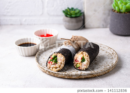 Trendy viral sushi burrito or shawarma 141112836
