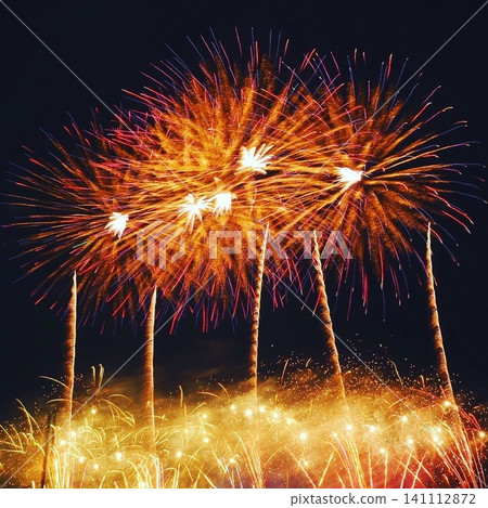 A spectacular display of red fireworks and golden lights illuminating the night sky: Omagari Fireworks Festival, Akita Prefecture A spectacular display of red fireworks and golden lights illuminating the night sky: Omagari Fireworks Festival, Akita Prefecture 141112872