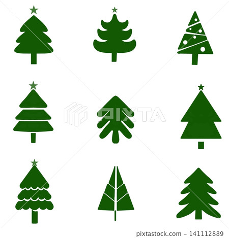 Set of nine green Christmas tree icons and simple holiday tree silhouettes for festive design Set of nine green Christmas tree icons and simple holiday tree silhouettes for festive design 141112889