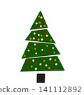 Decorative Christmas tree illustration with layered green triangles and colorful ornaments 141112892