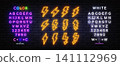 Set of 12 neon orange lightning bolt icons in various shapes on brick wall background. Glowing electric thunder symbols with editable color and white alphabet for game, sport or energy design. 141112969