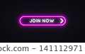 Neon pink glowing Join Now button with arrow on dark transparent background. Vibrant rounded CTA element for website, landing page or app design. 141112971