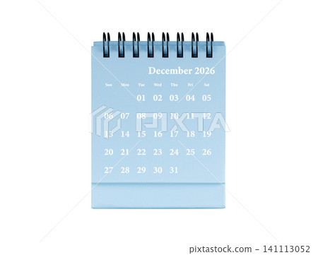 Desktop calendar for December 2026 in blue colour. Mini planner for business and finance, spiral view on isolated white background Desktop calendar for December 2026 in blue colour. Mini planner for business and finance, spiral view on isolated white background 141113052