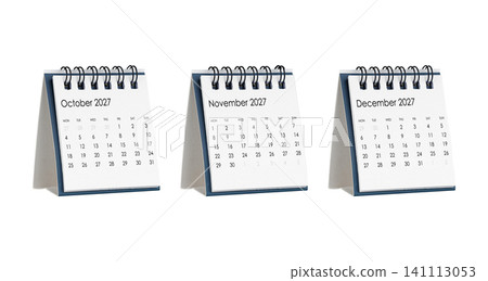 Three standing desk calendars isolated on white, October, November, and December 2027. Three standing desk calendars isolated on white, October, November, and December 2027. 141113053