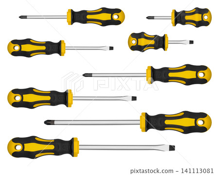 Professional manual screwdriver set with black and yellow handles on white Professional manual screwdriver set with black and yellow handles on white 141113081