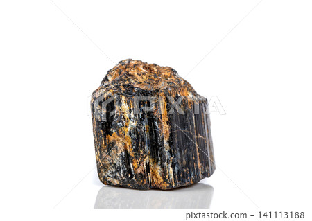 macro mineral stone sherle, schorl, black tourmaline on white background macro mineral stone sherle, schorl, black tourmaline on white background 141113188