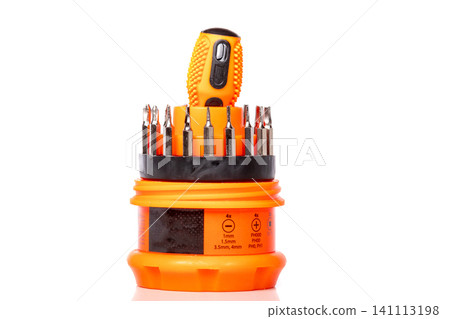 A set of different attachments for a head screwdriver with a screwdriver on a white background A set of different attachments for a head screwdriver with a screwdriver on a white background 141113198