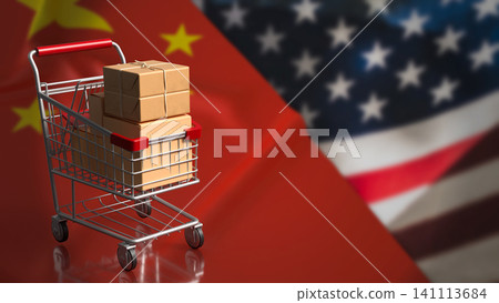 Shopping Cart Parcels Between China And America Trade Flags 3d render. Shopping Cart Parcels Between China And America Trade Flags 3d render. 141113684