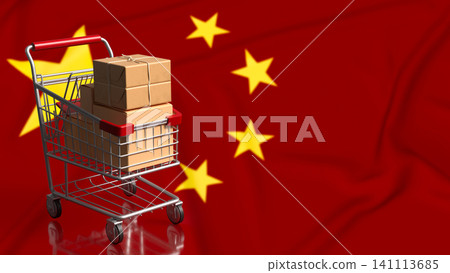 Shopping Cart Packages Over China Flag For Global E commerce 3d render. Shopping Cart Packages Over China Flag For Global E commerce 3d render. 141113685