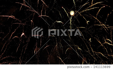 Bright fireworks bloom across deep black night, leaving golden and copper trails, scattered sparks, radiant arcs, and vivid contrast for festive energy and celebration Bright fireworks bloom across deep black night, leaving golden and copper trails, scattered sparks, radiant arcs, and vivid contrast for festive energy and celebration 141113699