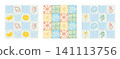 Amalfi style tile seamless pattern set with lemons, Italian stylized majolica, limoncello, olives, flower pots and seashells. 3 retro square backgrounds. Mediterranean aesthetic amalficore covers 141113756