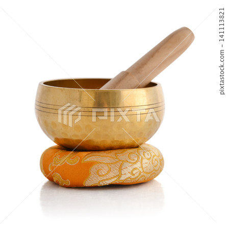 Tibetan singing bowl with wooden striker and cushion 141113821